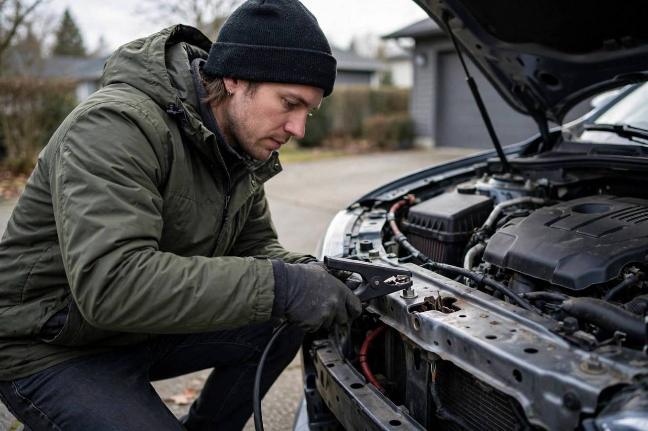 Person connecting black jumper cable to unpainted metal ground point