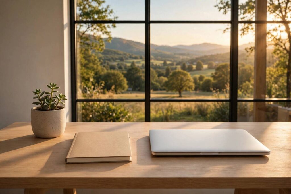 Minimalist tidy desk with laptop, notebook, and small plant, warm natural light, landscape