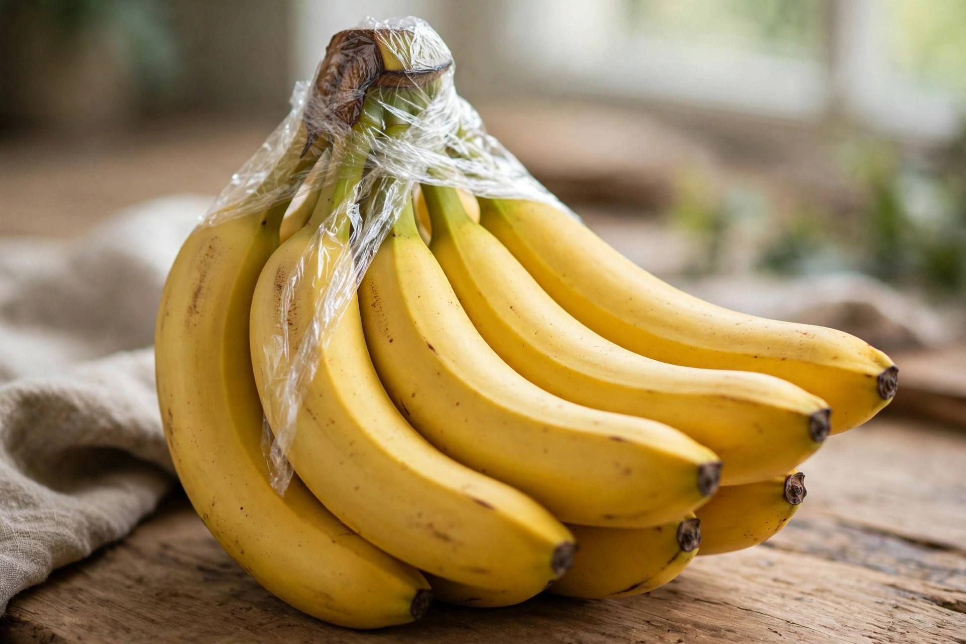 Bananas wrapped at the stems with plastic wrap