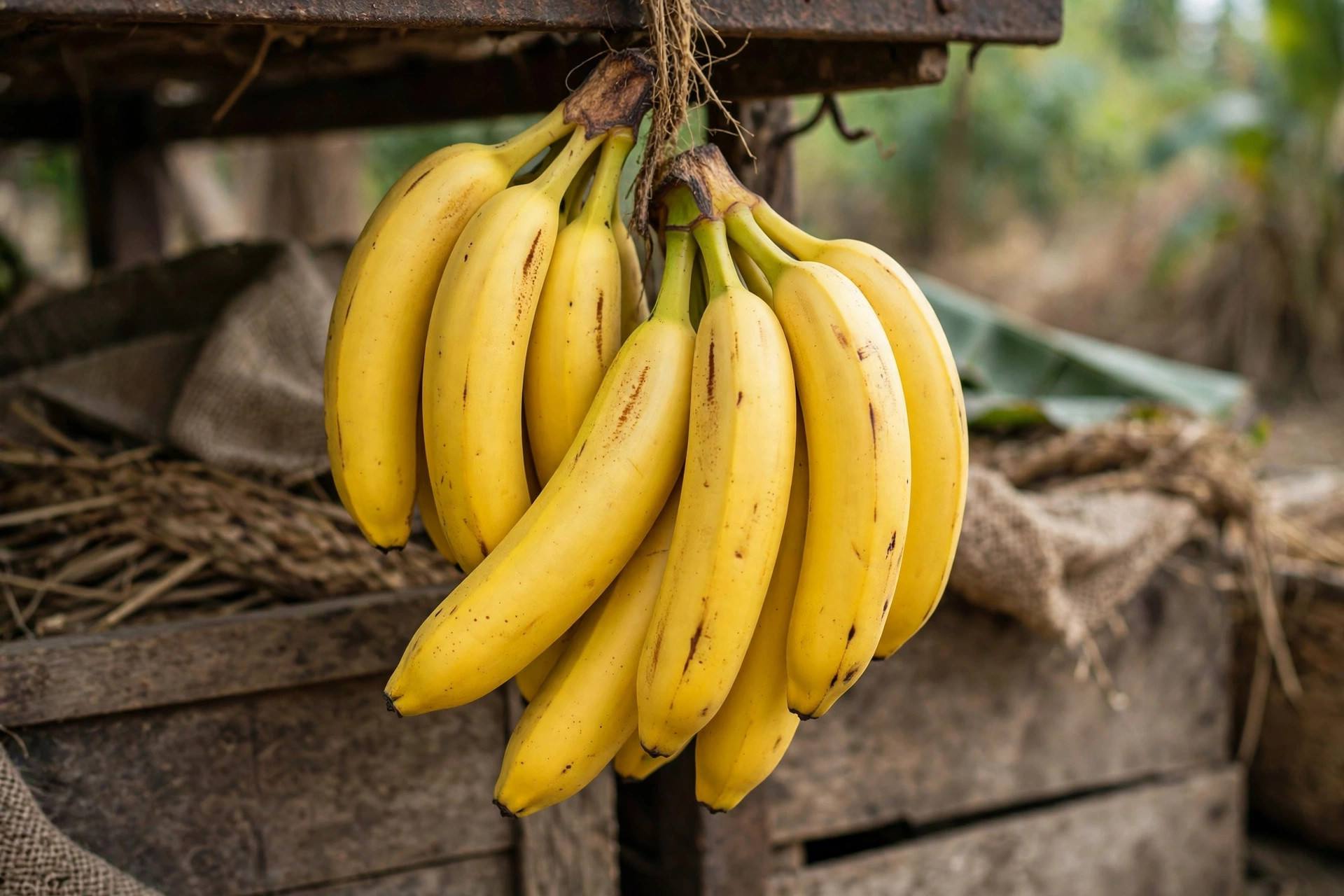 Bunch of fresh yellow bananas hanging