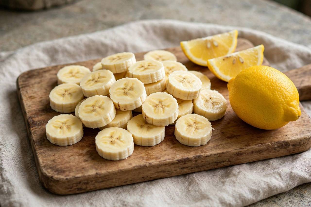 Sliced bananas on a cutting board with lemon