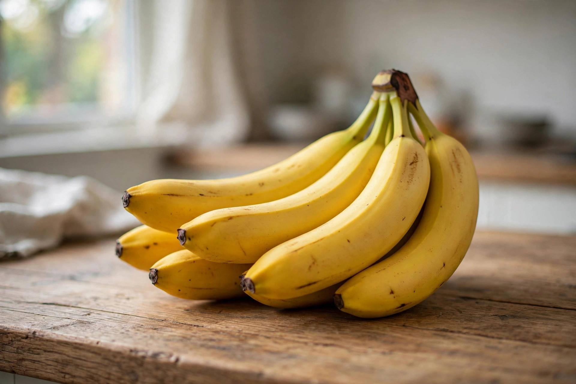 Bunch of fresh yellow bananas resting on a kitchen counter