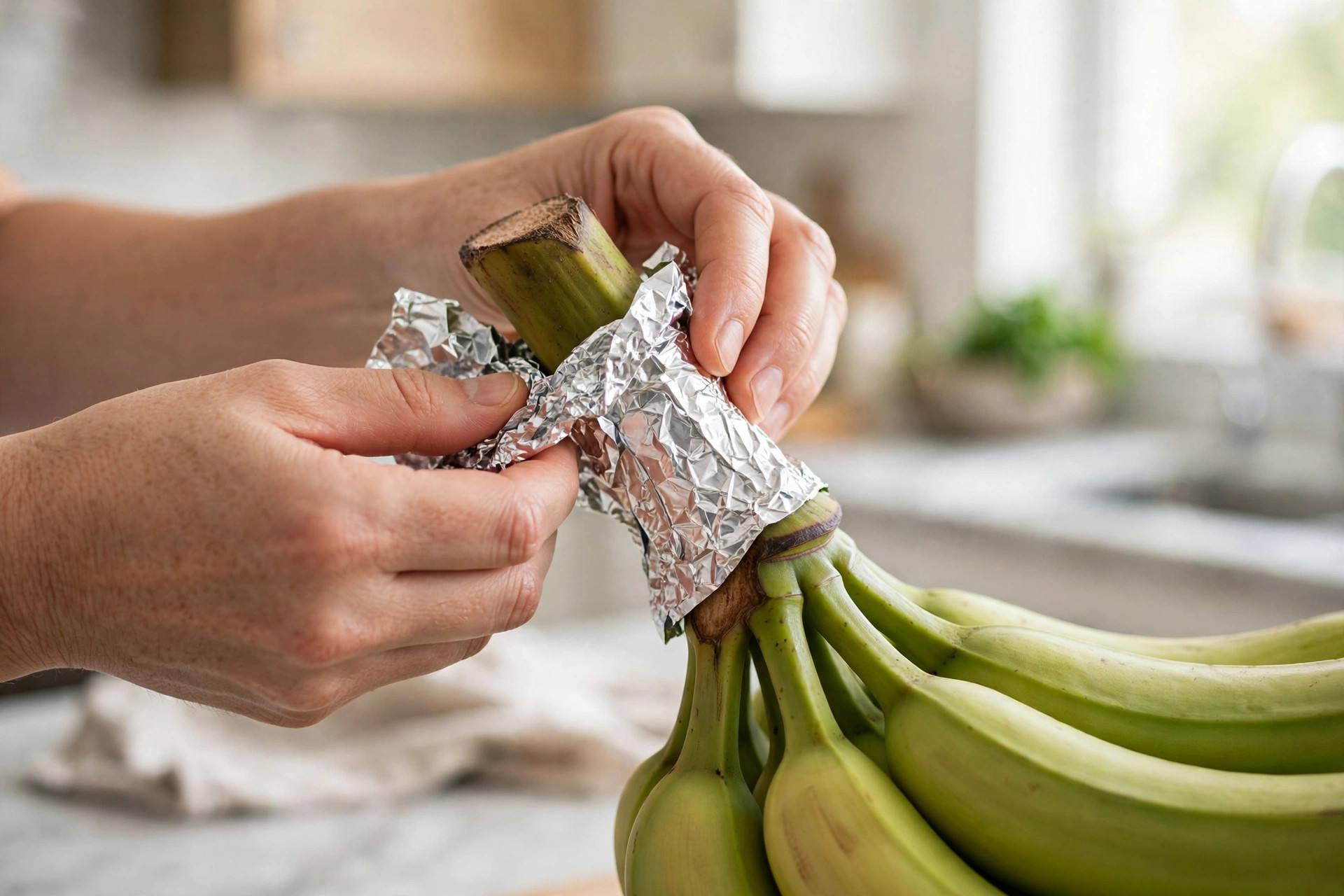 Hands wrapping banana stems tightly with aluminum foil in a kitchen