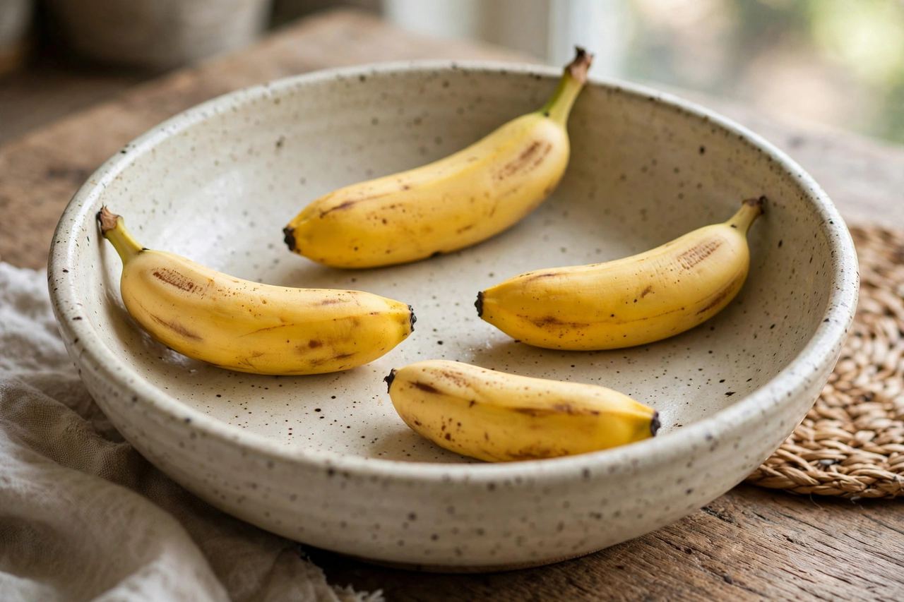 Bananas separated and resting in a ceramic fruit bowl away from other fruit