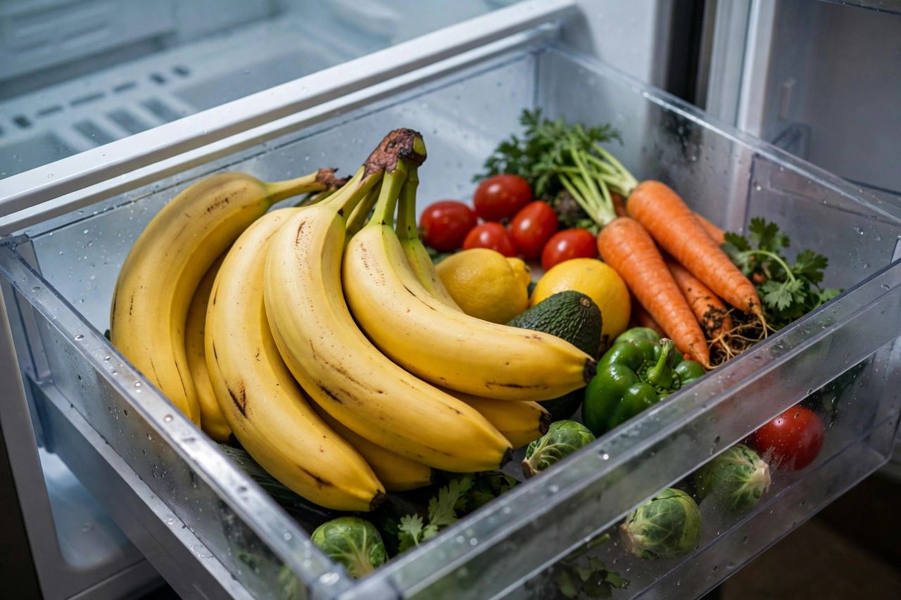 A refrigerator drawer with bananas stored inside beside other produce
