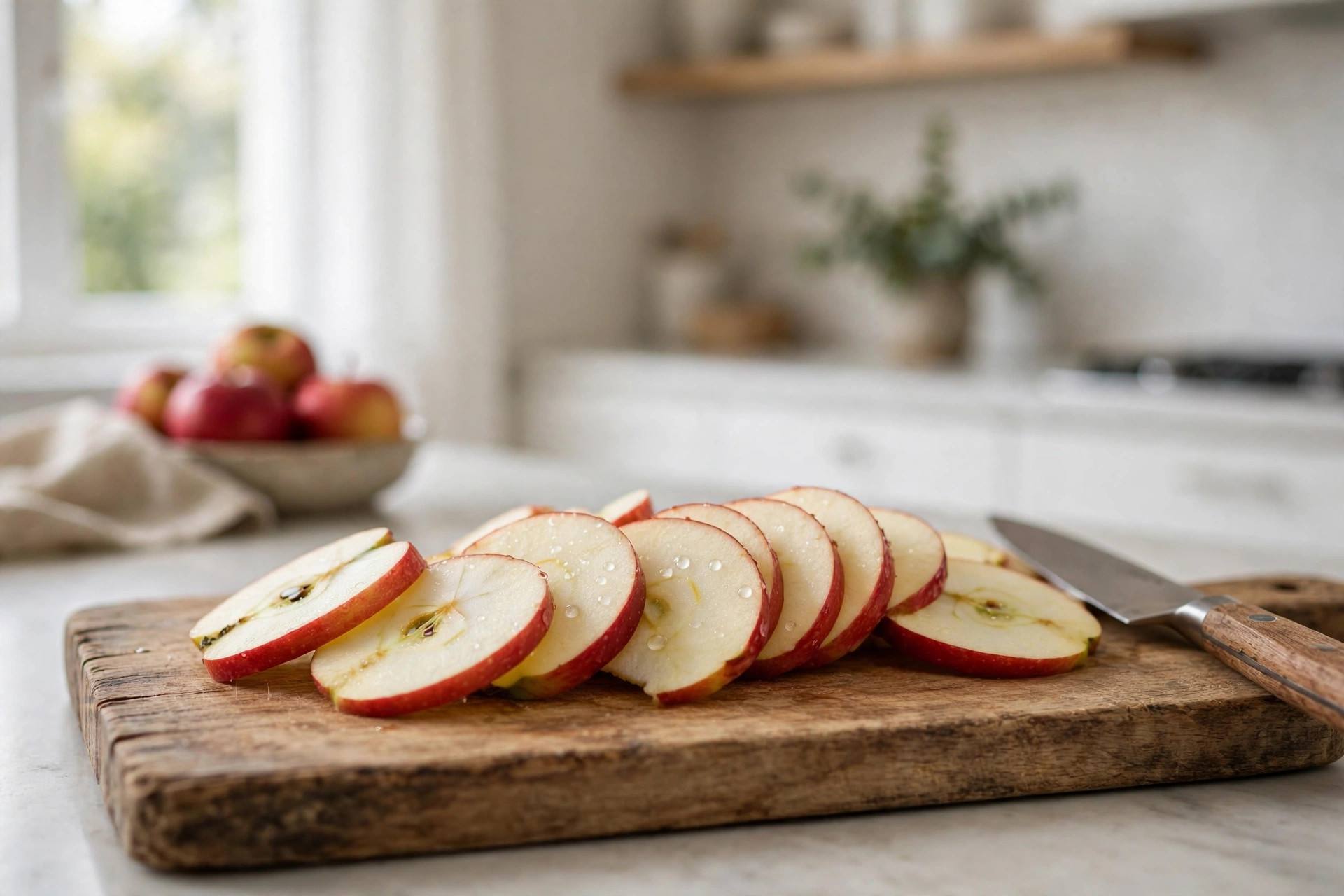 Fresh apple slices arranged on a wooden cutting board