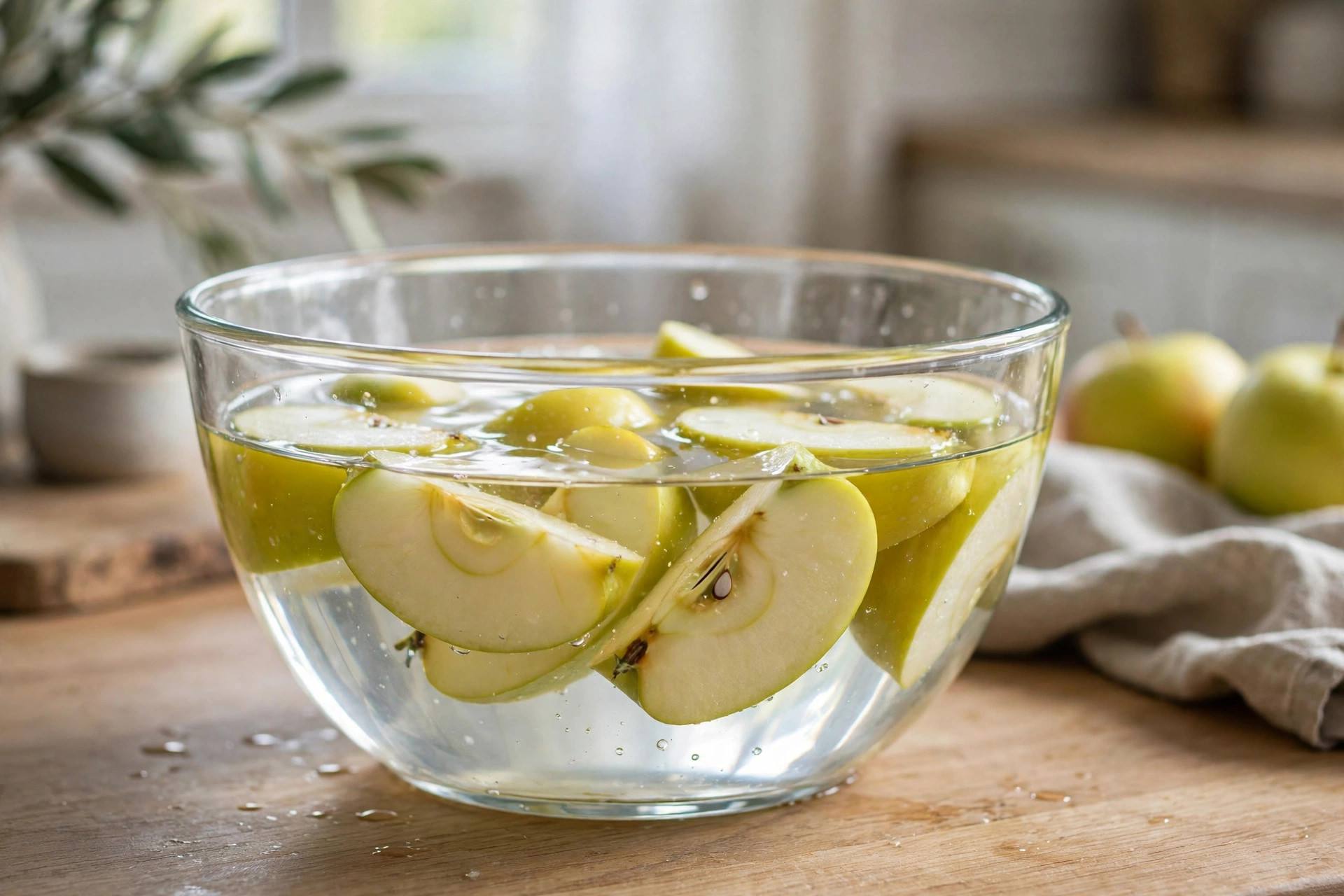 Apple wedges soaking in a glass bowl of clear water