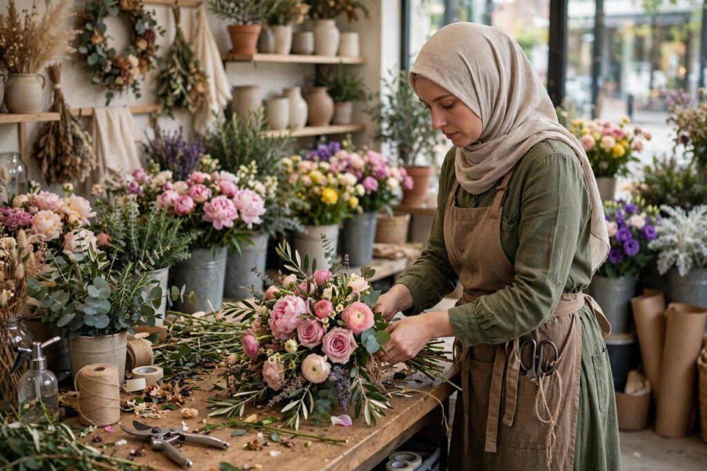 Florist arranging a fresh bouquet at a flower shop counter