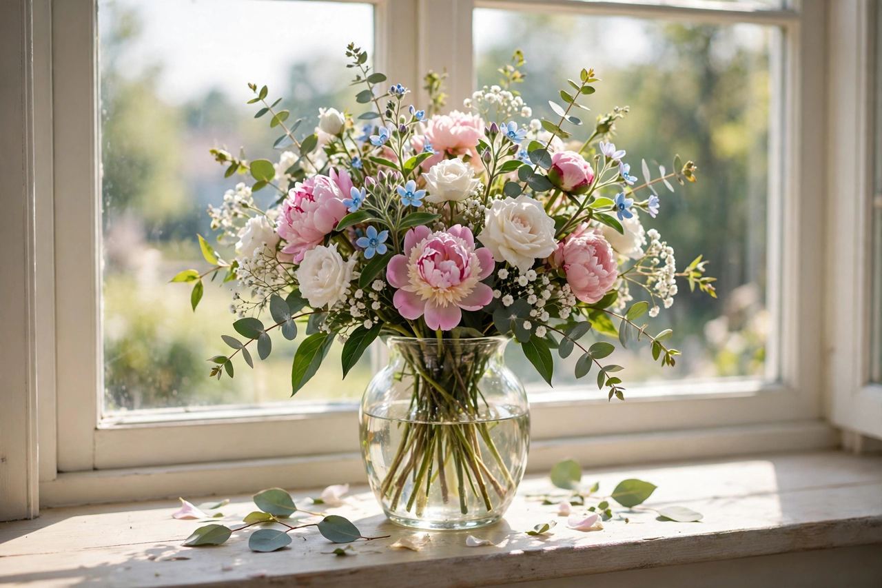 Fresh flower bouquet in a glass vase on a bright windowsill