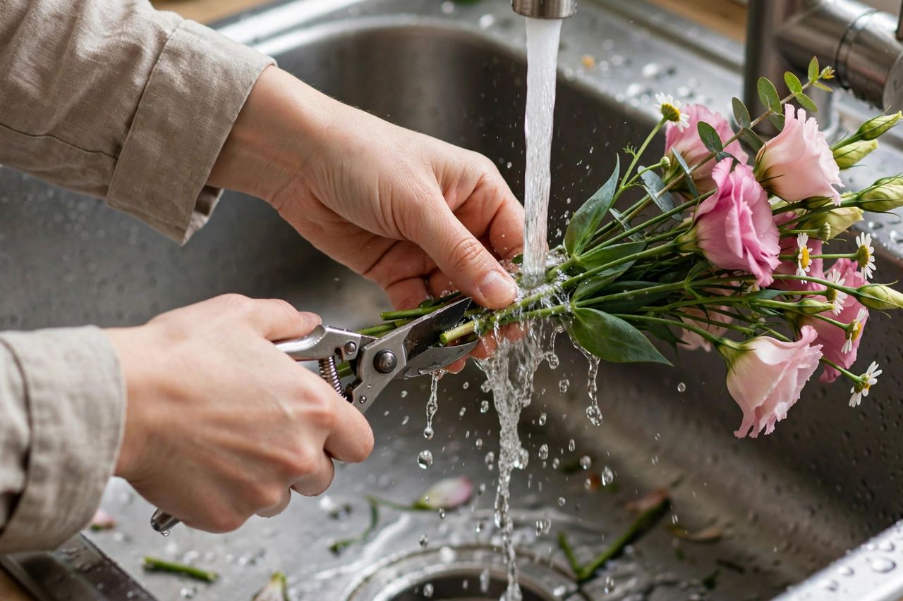 Hands trimming flower stems at an angle under running water