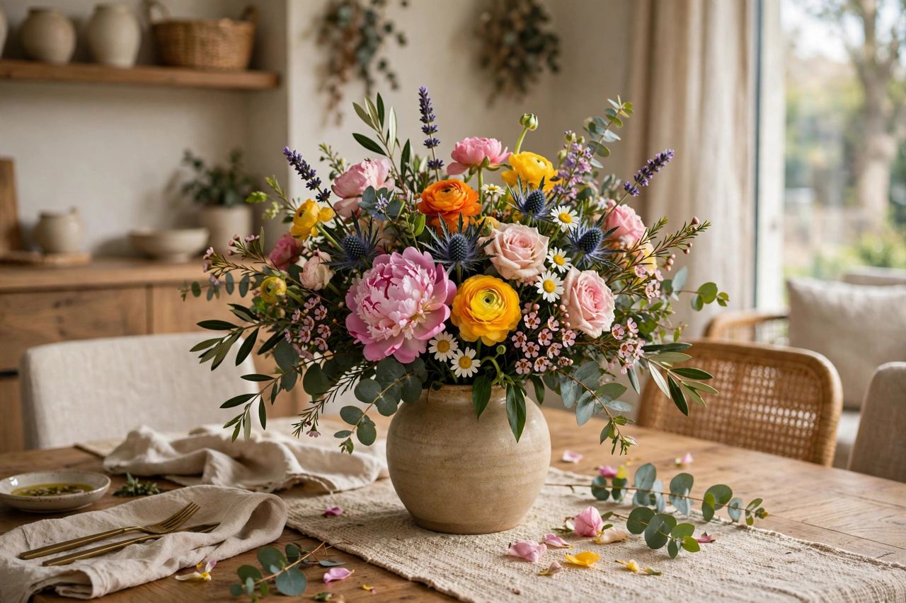 Colorful mixed bouquet arranged in a vase on a dining table