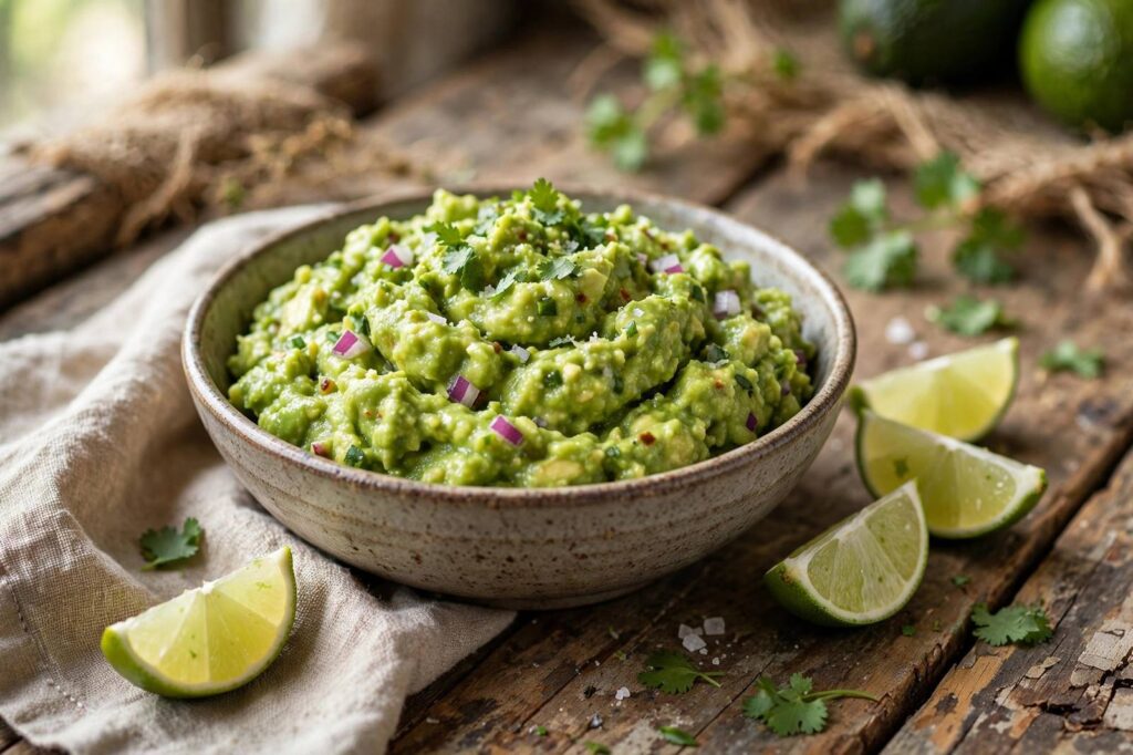 A vibrant green bowl of fresh guacamole with lime wedges on a rustic table