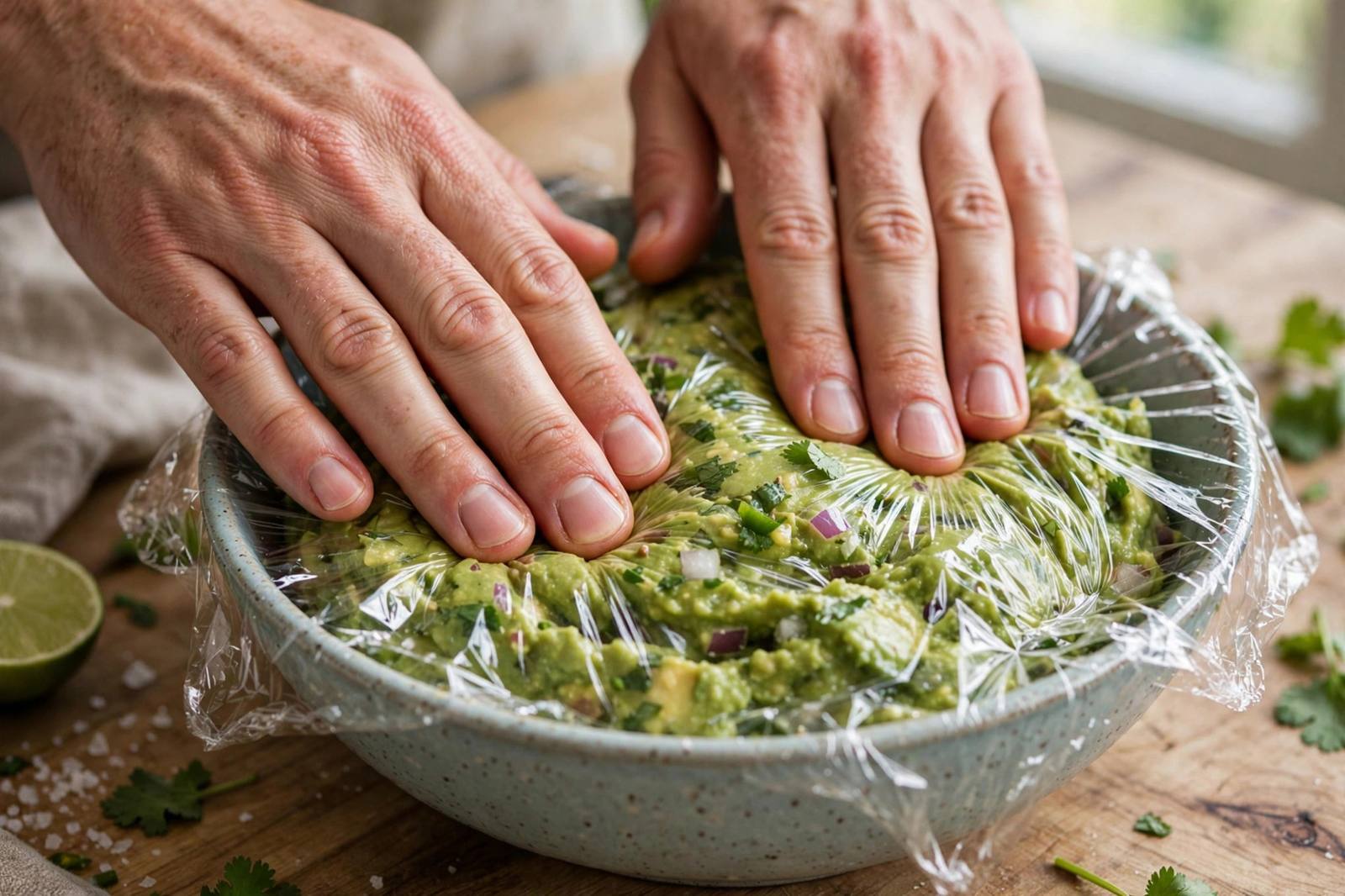 Hands pressing plastic wrap directly onto guacamole in a bowl