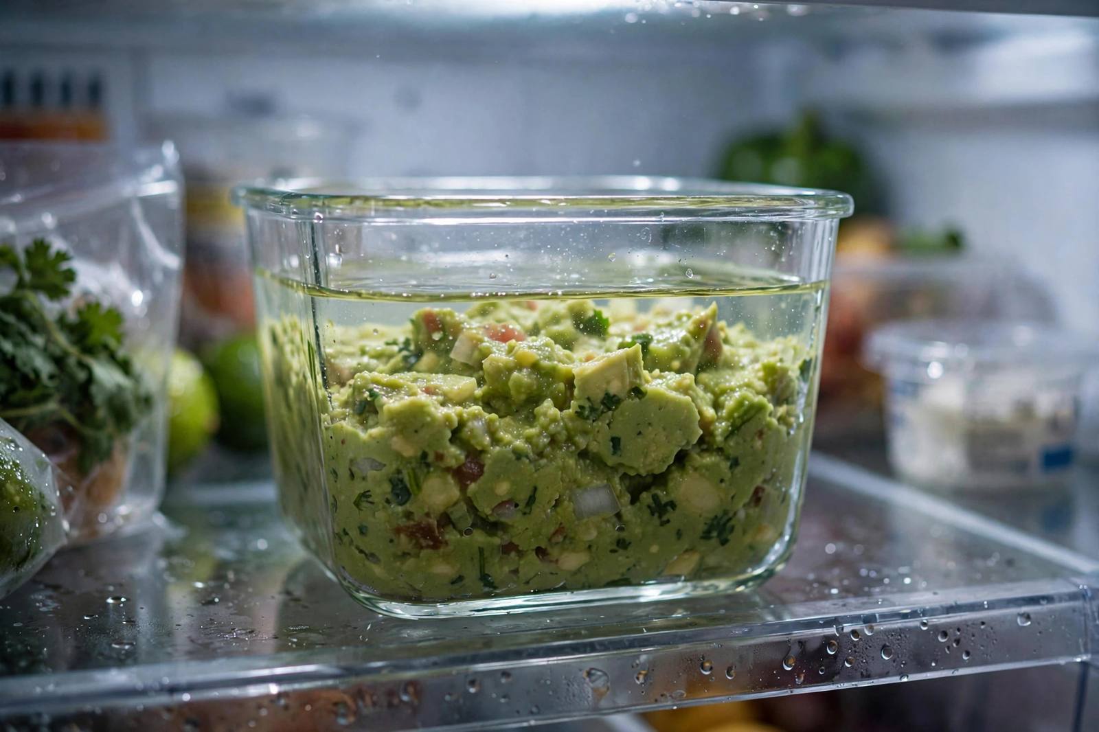 A glass container of guacamole with a thin layer of water on top in a fridge