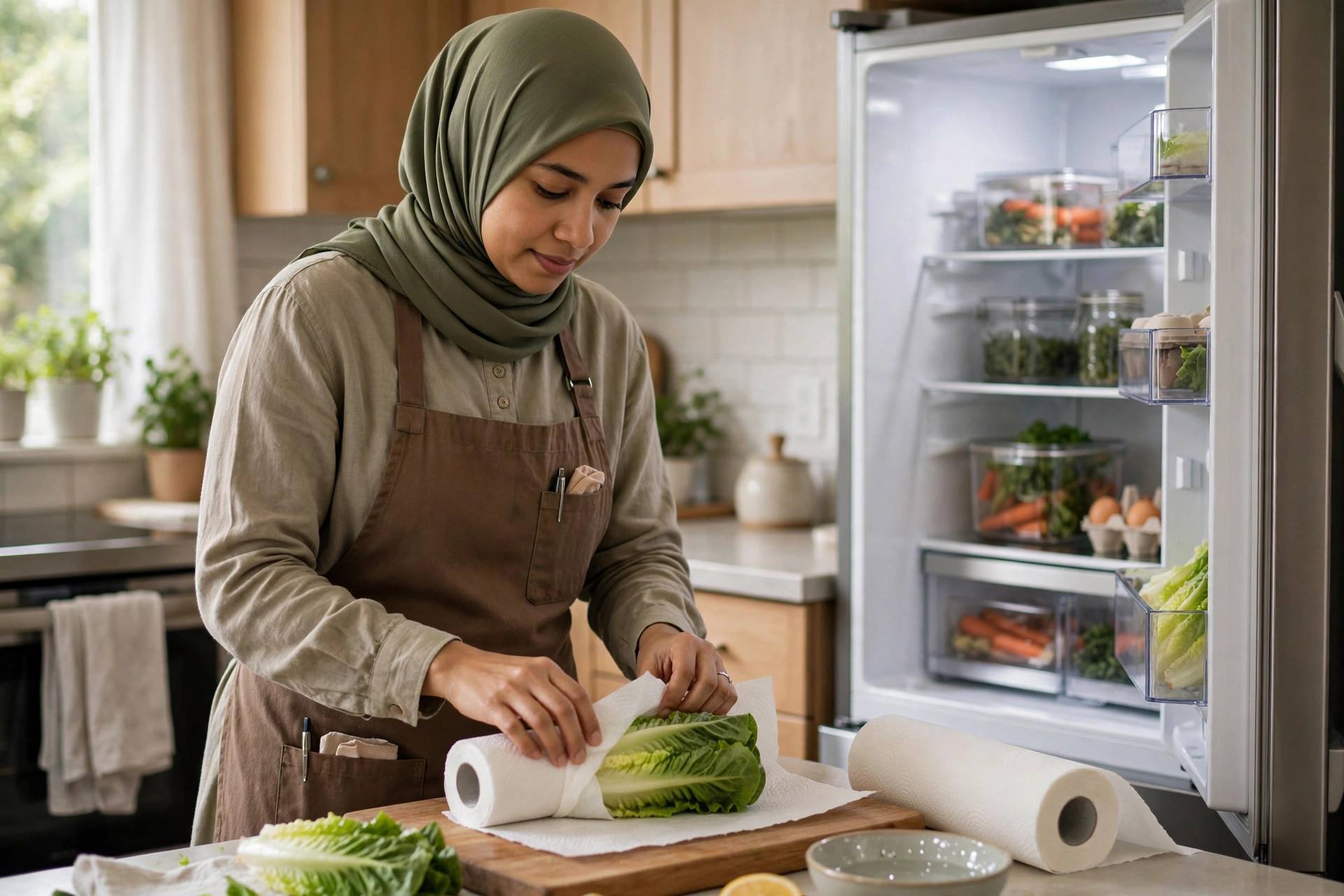 A cook wrapping fresh lettuce in paper towels for refrigerator storage