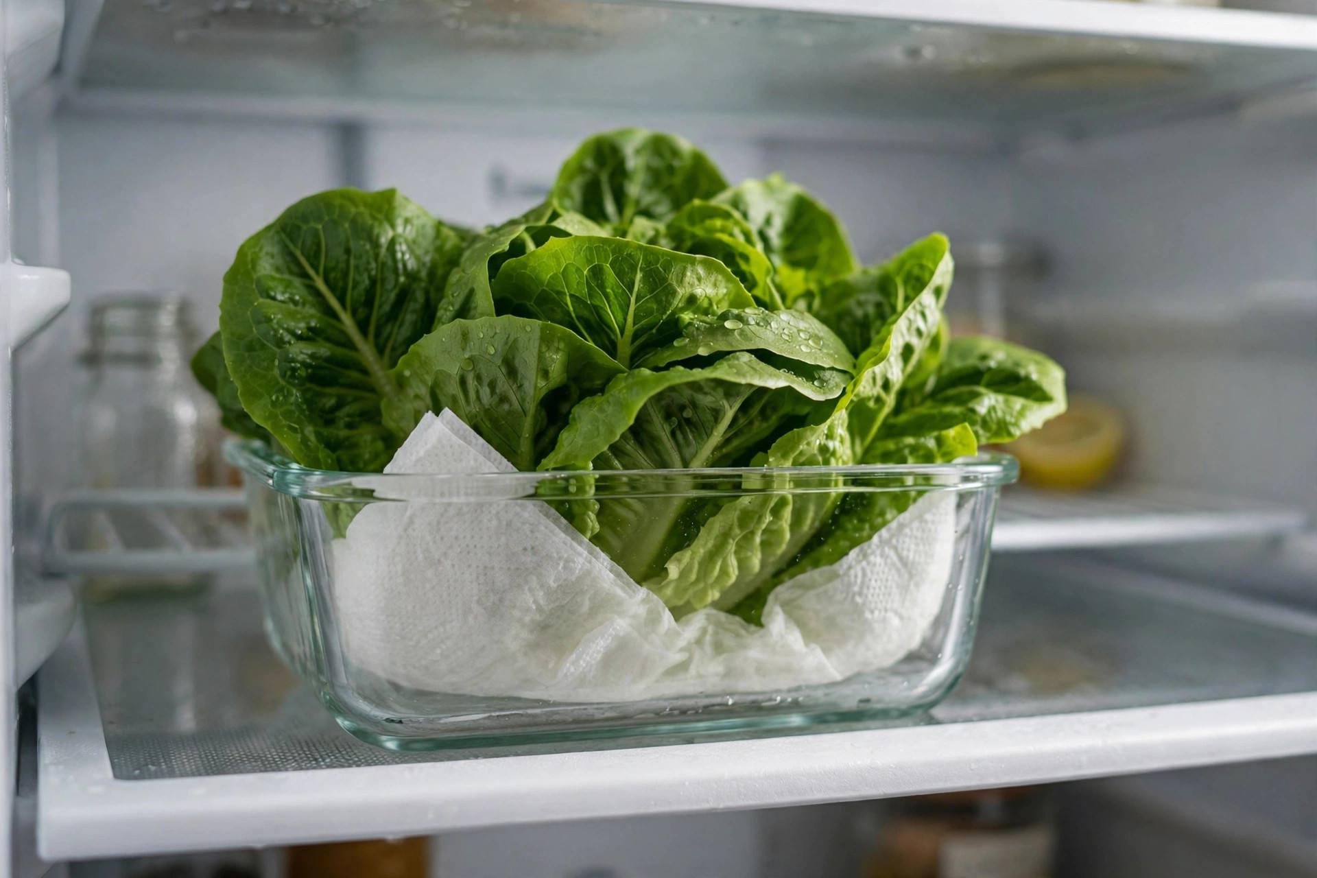 Crisp green lettuce leaves in a glass container with a paper towel in the fridge