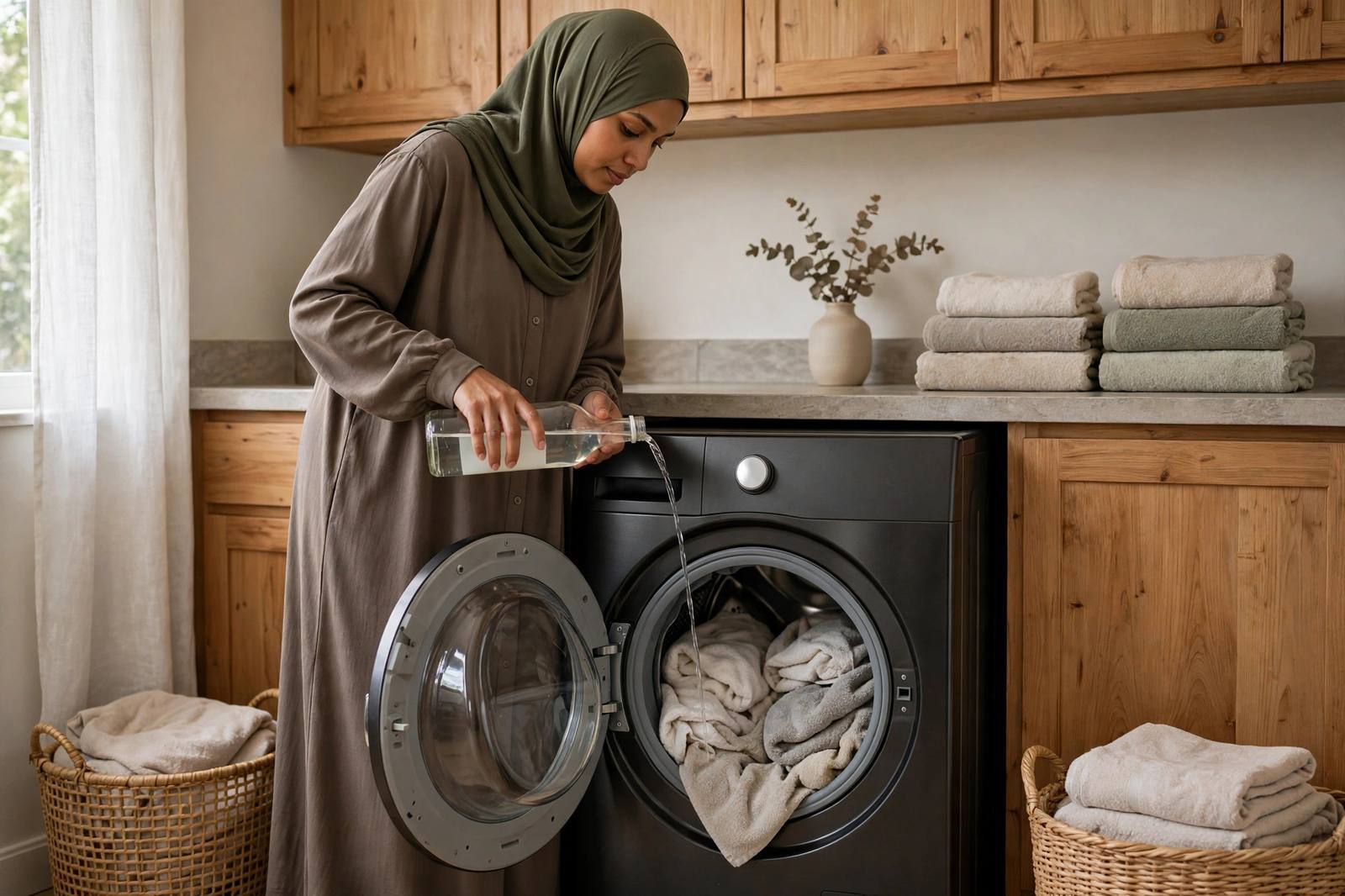 A person adding white vinegar to a washing machine with towels inside