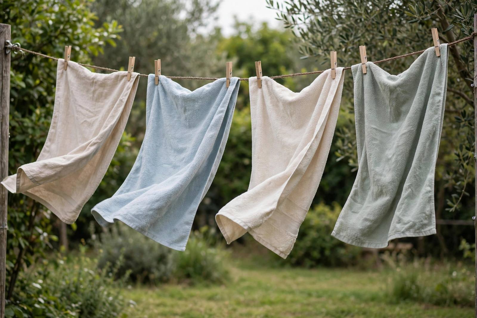 Soft towels hanging to dry on an outdoor clothesline in the breeze