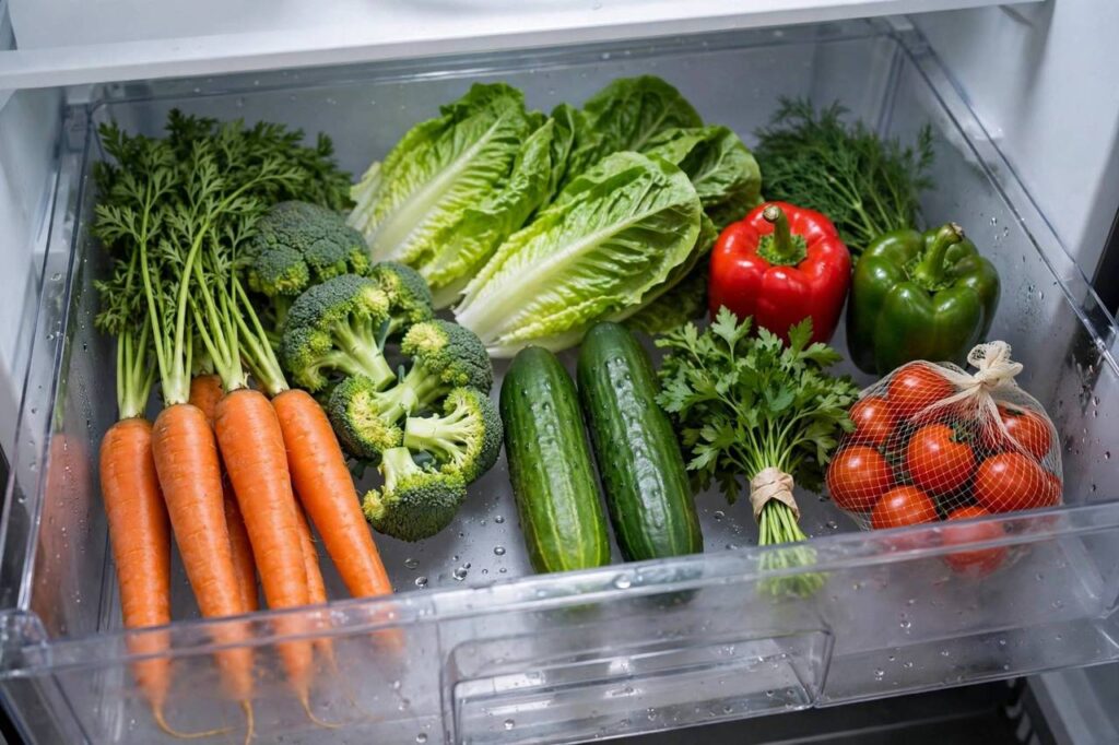 Fresh vegetables properly stored in a refrigerator crisper drawer