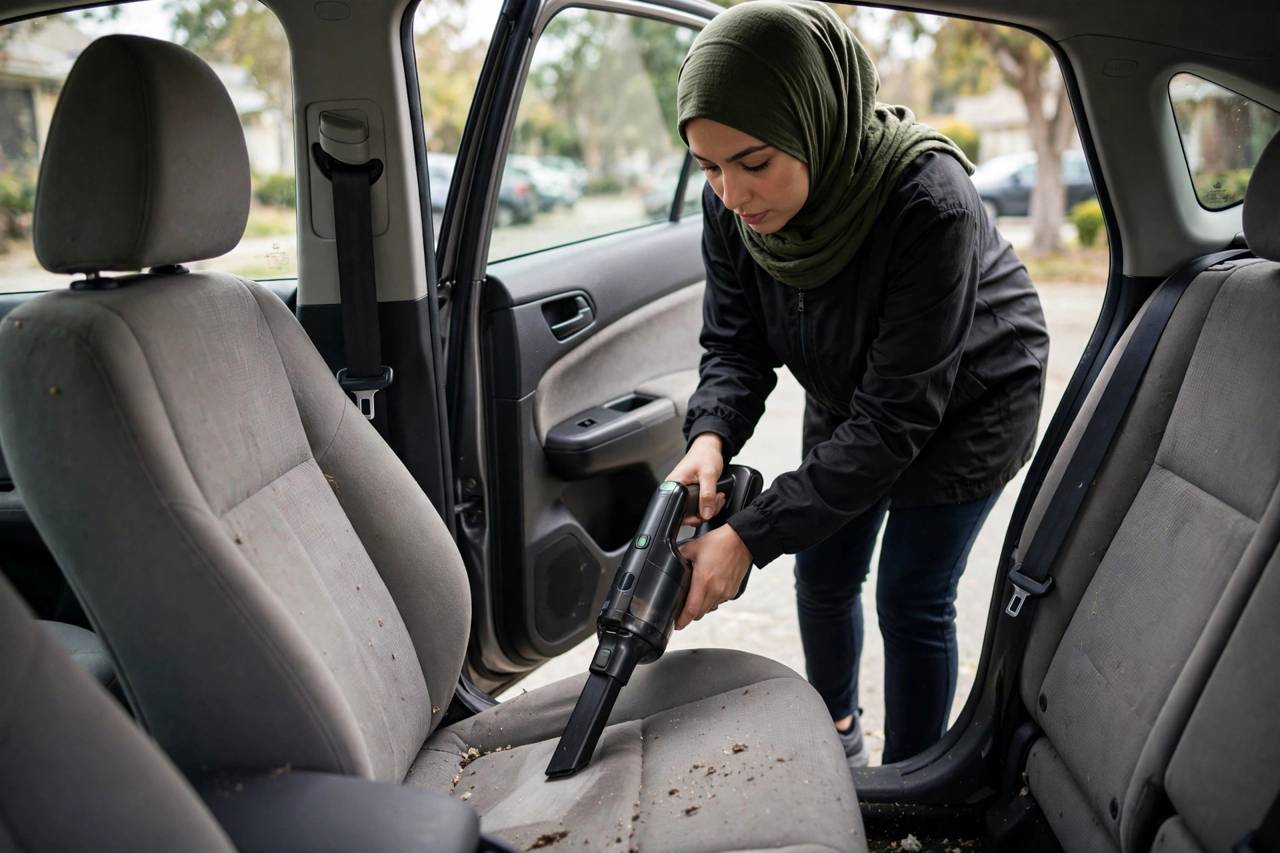 Person in modest full-coverage clothing vacuuming car seats with a handheld vacuum
