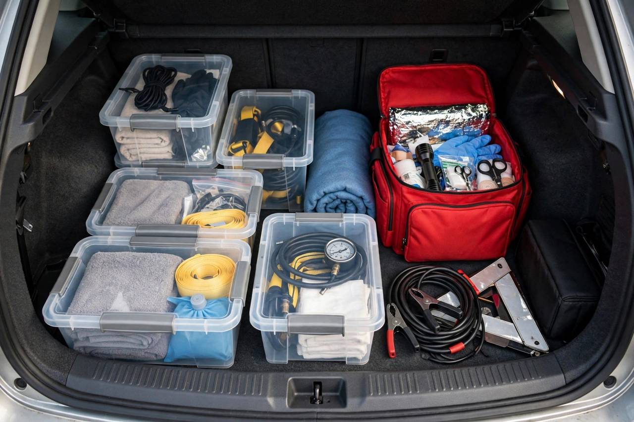Car trunk organized with storage bins and an emergency kit, everything in its place