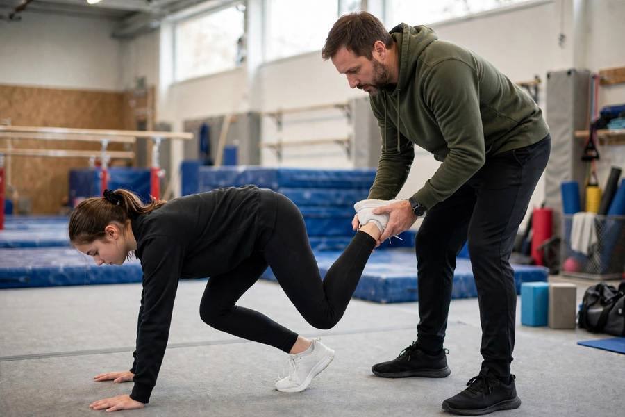 Coach correcting a student's kick-up form at the gym