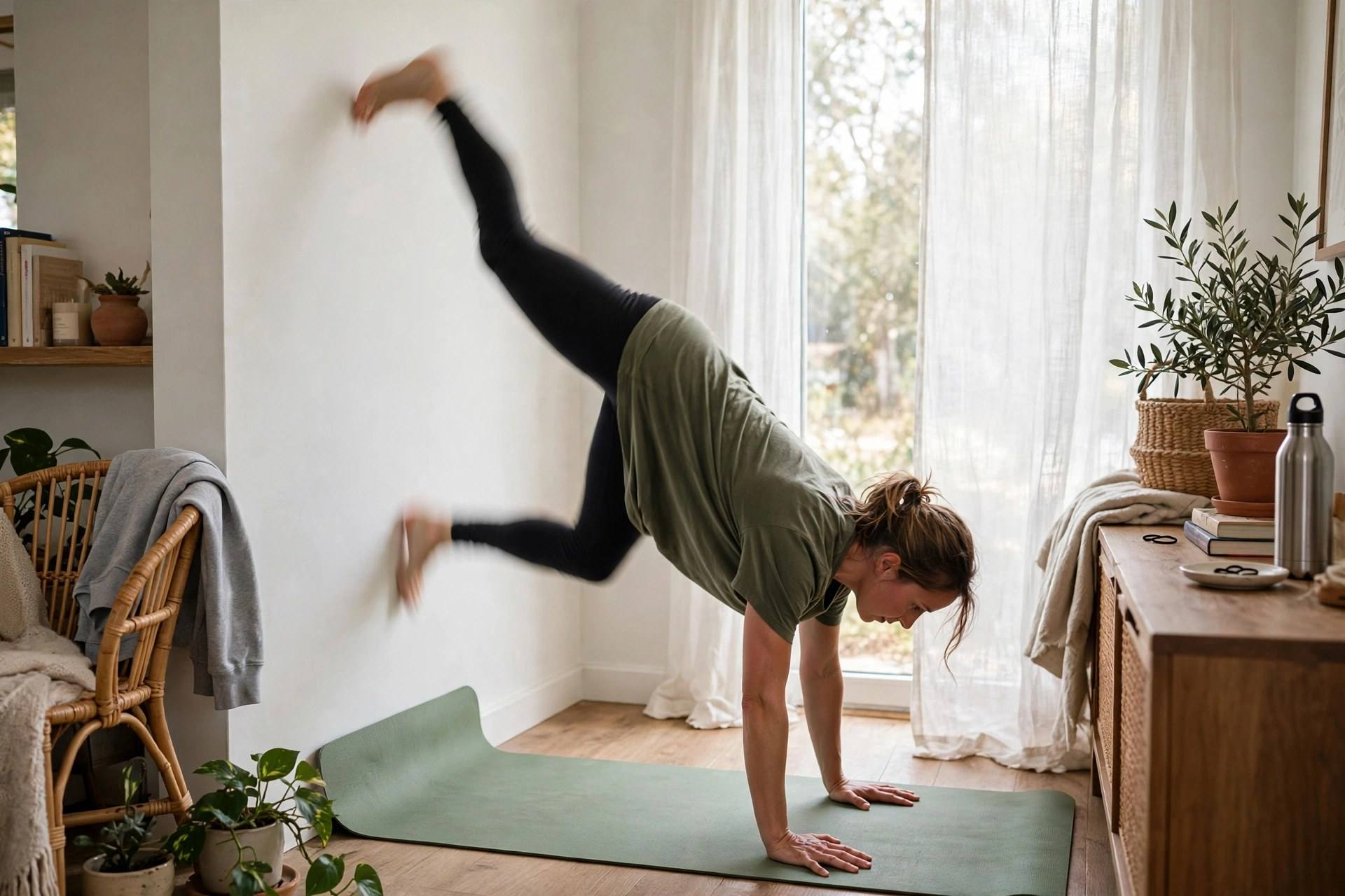 Woman practicing controlled kick-ups against a wall