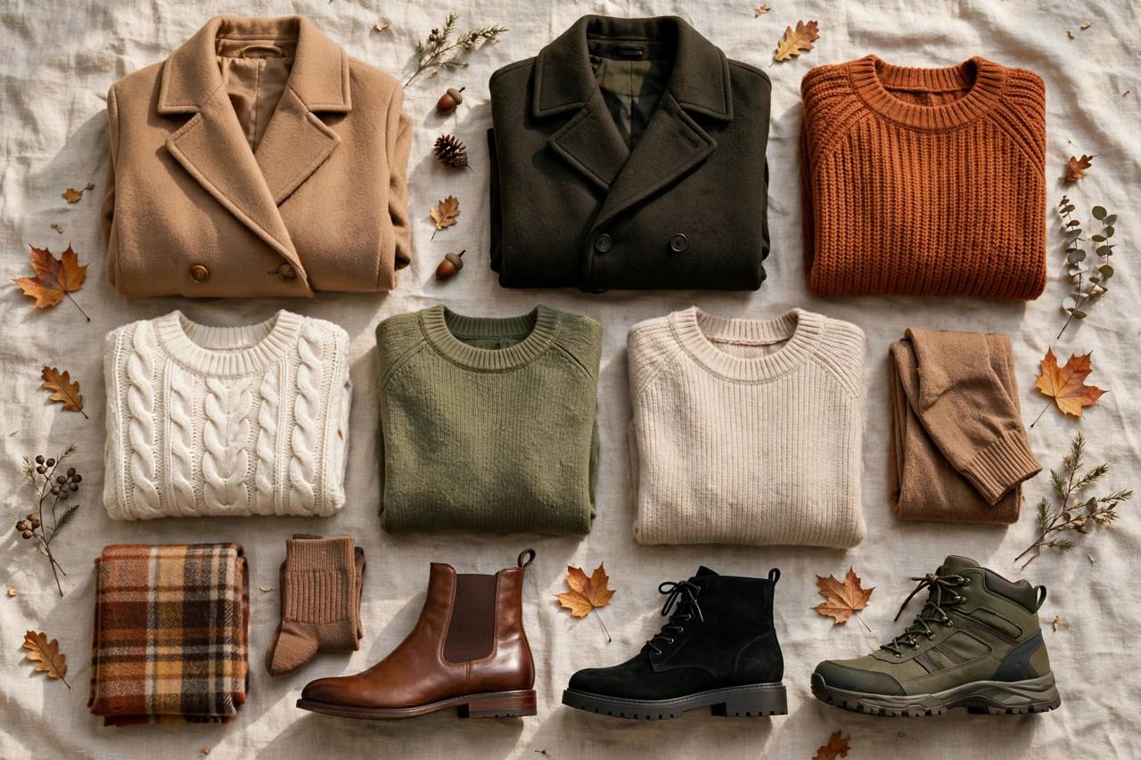 Flat lay of fall capsule wardrobe pieces arranged neatly, sweaters coats and boots, no people