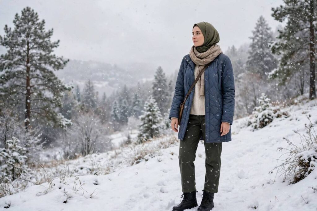 Woman in a stylish winter coat with scarf standing in falling snow