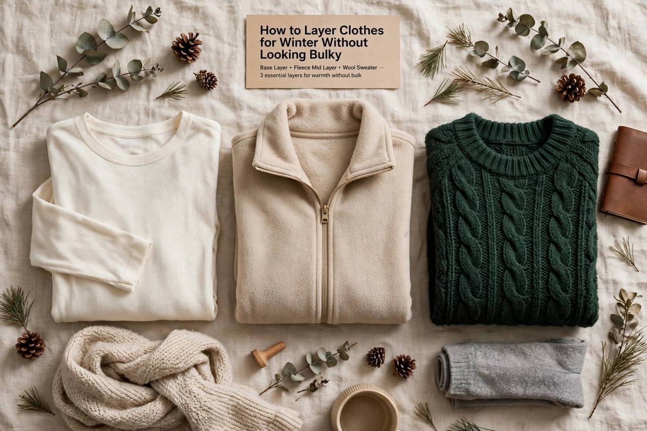 Flat lay of winter base layer, fleece mid layer and wool sweater