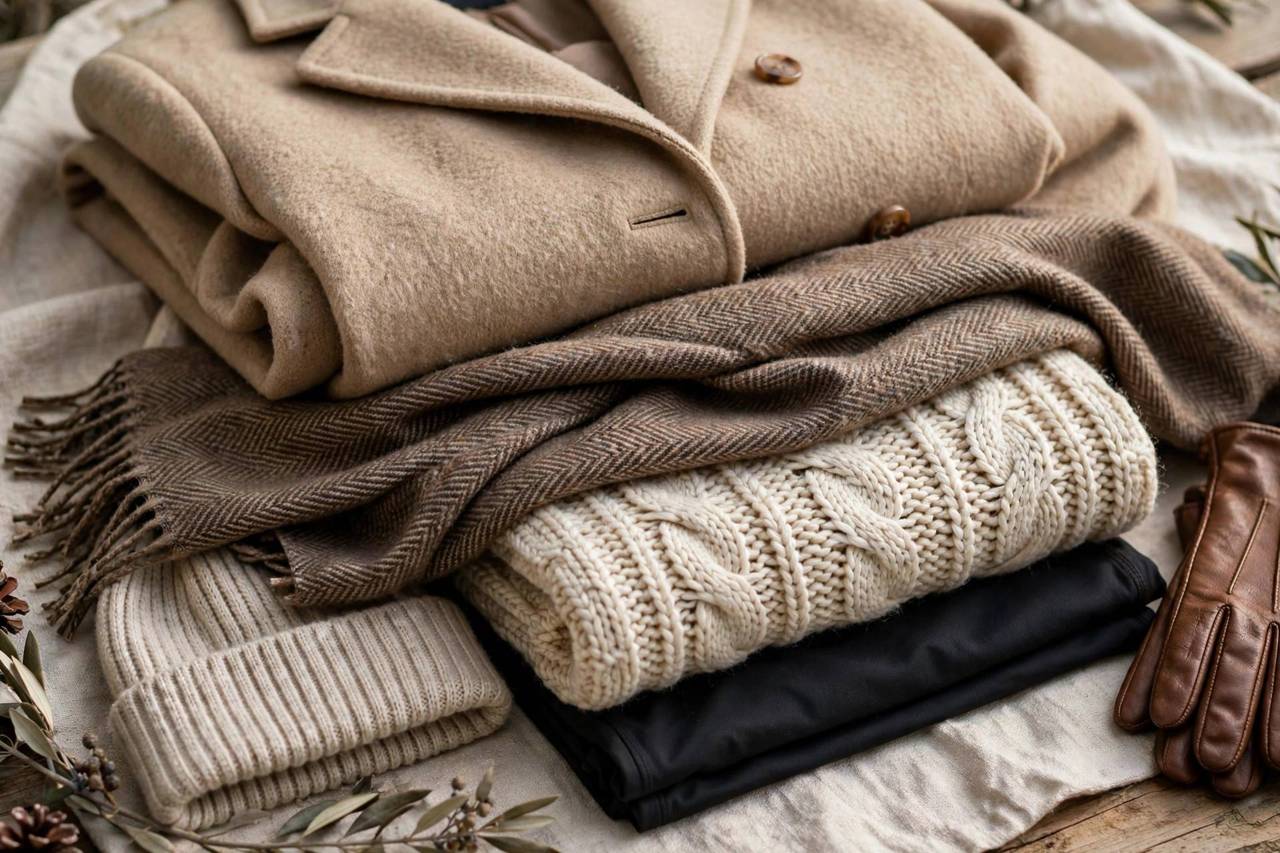 Close-up of layered winter outfit with scarf, coat and knit sweater textures
