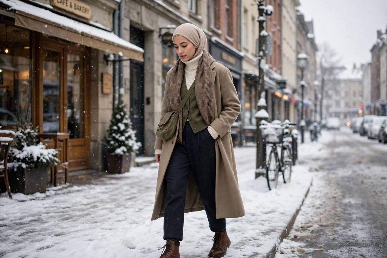 Person walking through a snowy city street in layered winter clothing