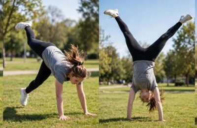 Woman demonstrating how to learn a cartwheel with proper form on grass