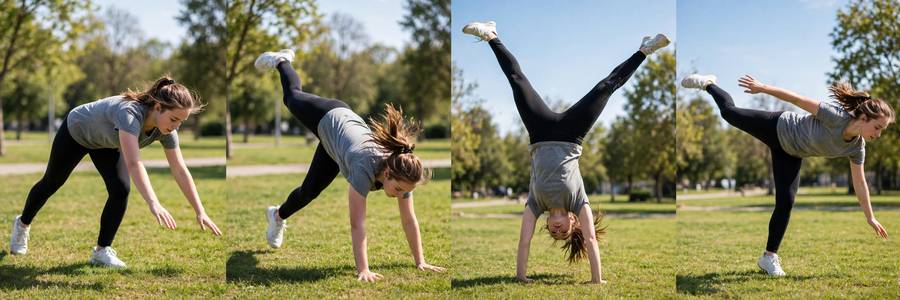 Woman demonstrating how to learn a cartwheel with proper form on grass