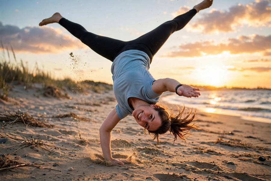 Adult beginner practicing how to learn a cartwheel on the beach