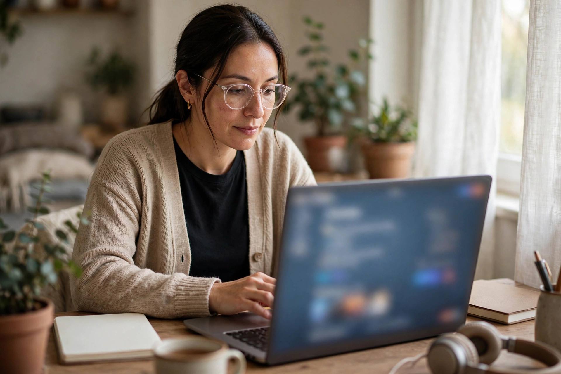 Adult student learning a new language with online course on laptop