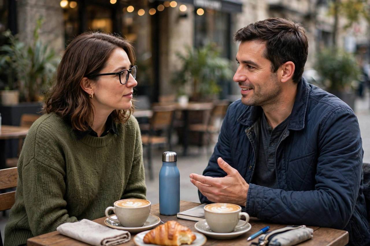 Two adults practicing conversation in a new language at a cafe