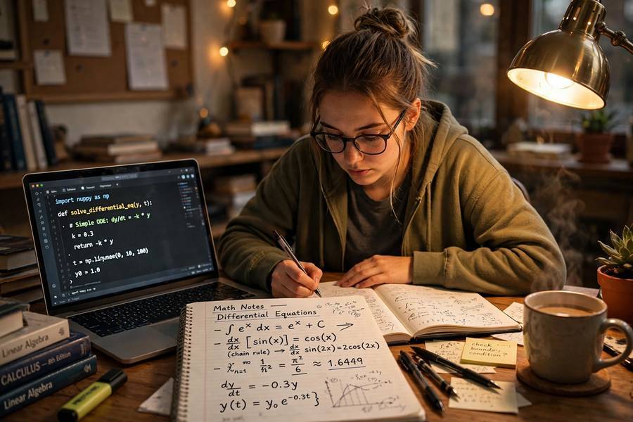 Student learning artificial intelligence with Python code and math notes on a desk