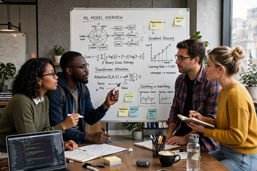 Study group working through machine learning concepts while learning artificial intelligence