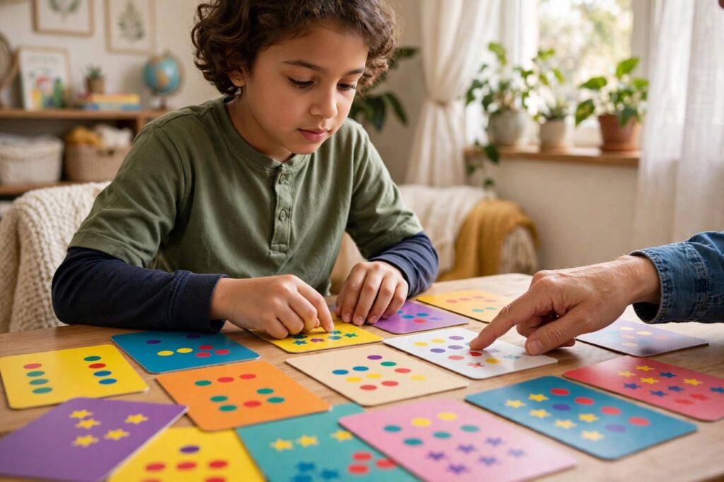 Child in modest full-coverage clothing practicing multiplication with colorful flashcards at a table