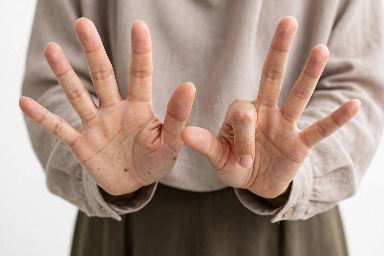 Hands demonstrating the 9s finger trick for multiplication with fingers spread