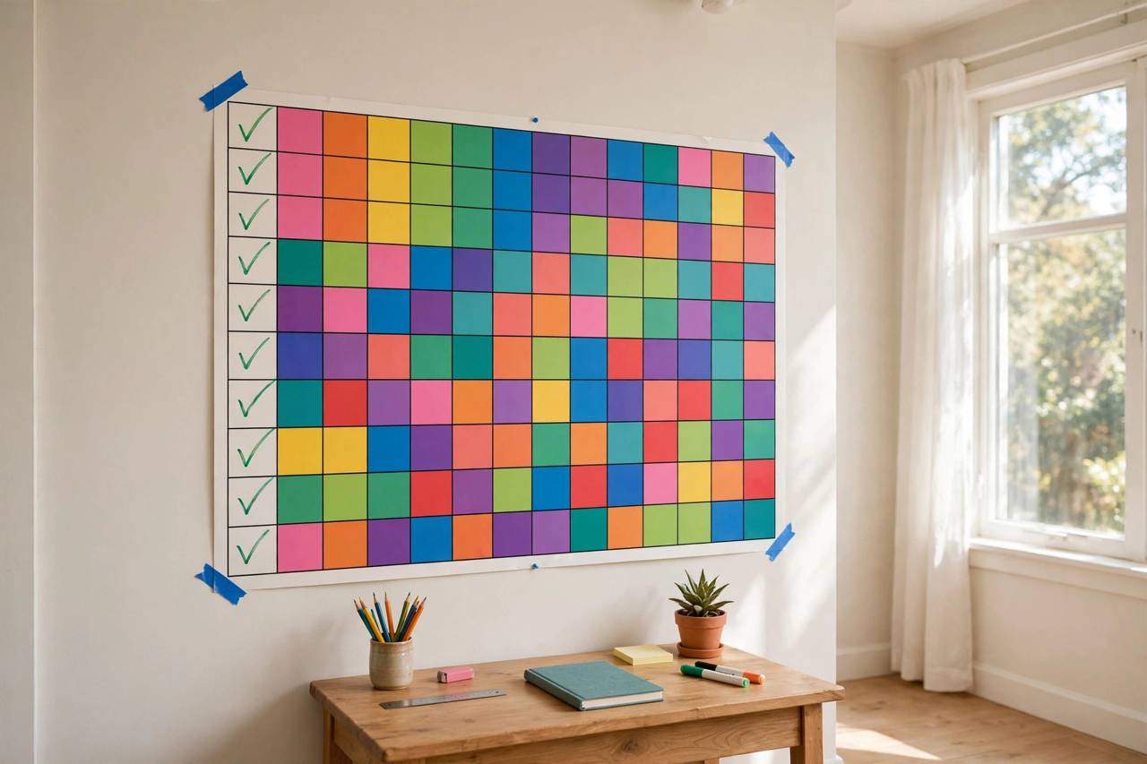 Multiplication chart poster on a wall with mastered tables checked off