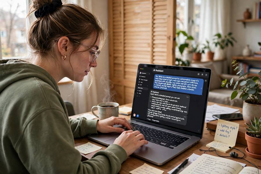 A beginner typing a detailed prompt to an AI assistant on a laptop