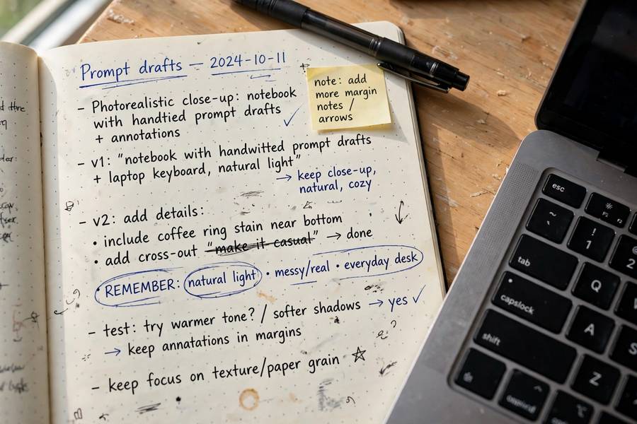 Handwritten prompt drafts and notes beside a laptop