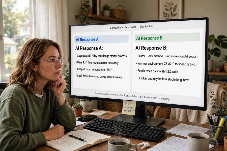 Comparing two AI responses side by side on a monitor