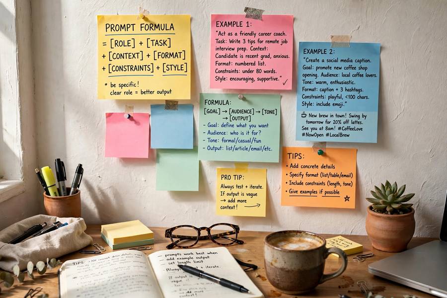 Sticky notes with prompt writing formulas on a wall