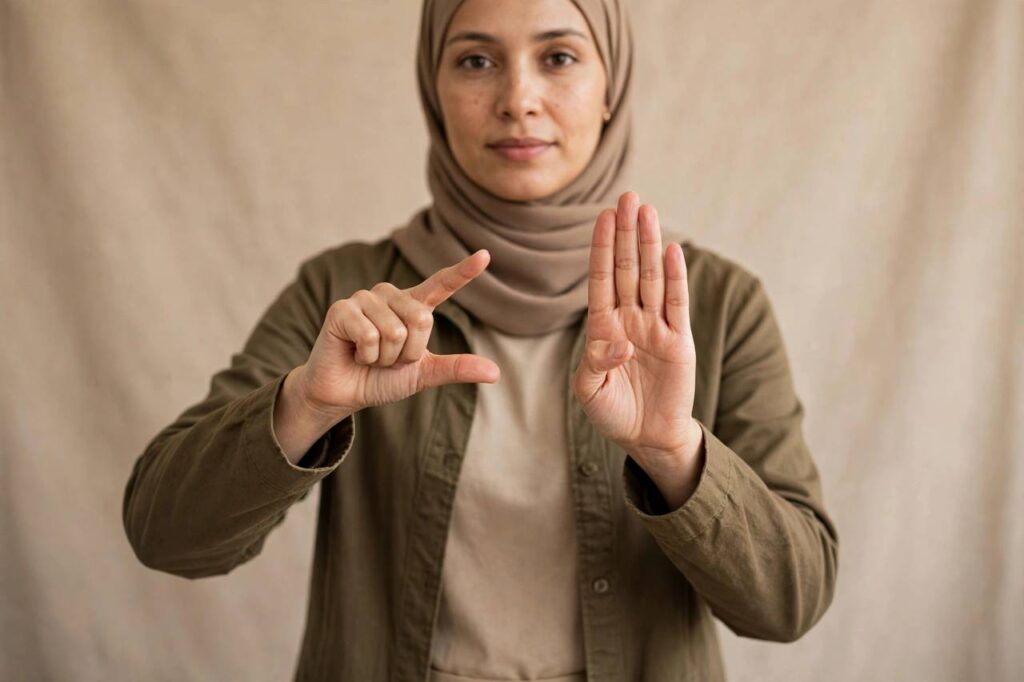 Woman in modest full-coverage clothing demonstrating sign language alphabet handshapes