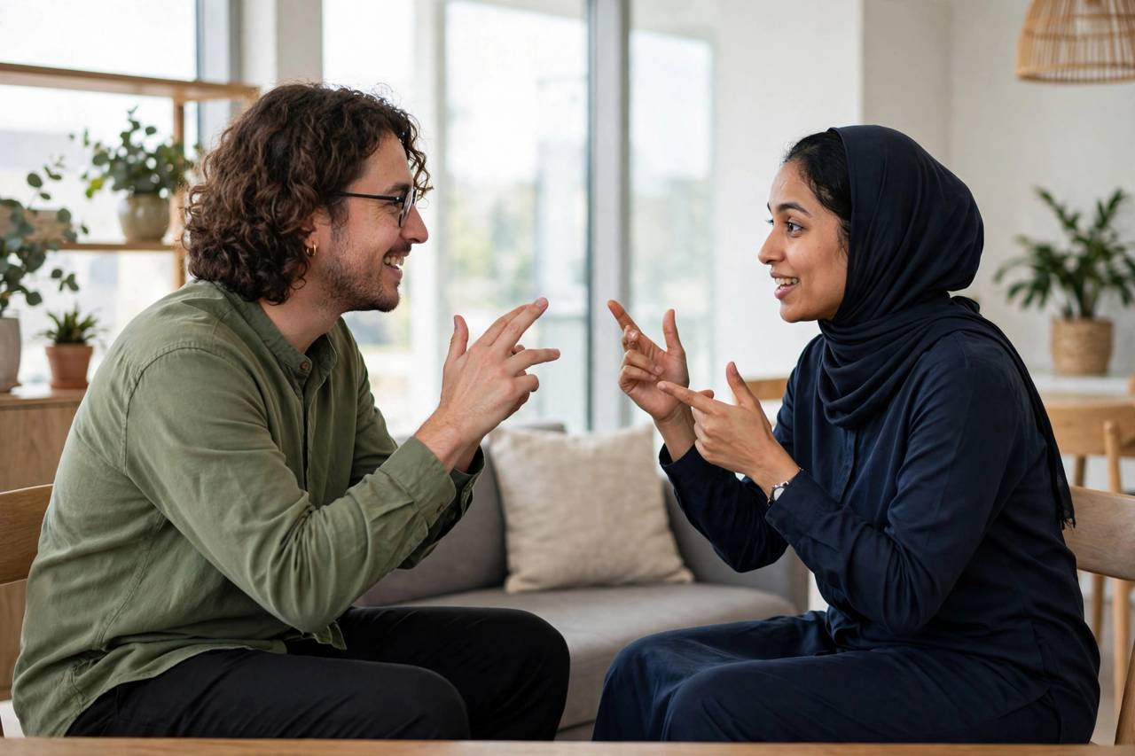 Two people in modest clothing having a sign language conversation in a bright room