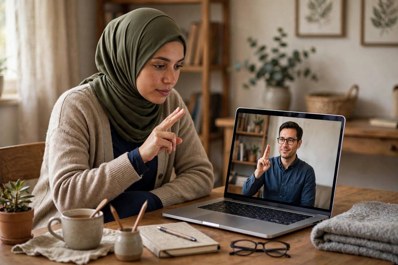 Person in modest clothing practicing sign language while watching an instructional video on a laptop