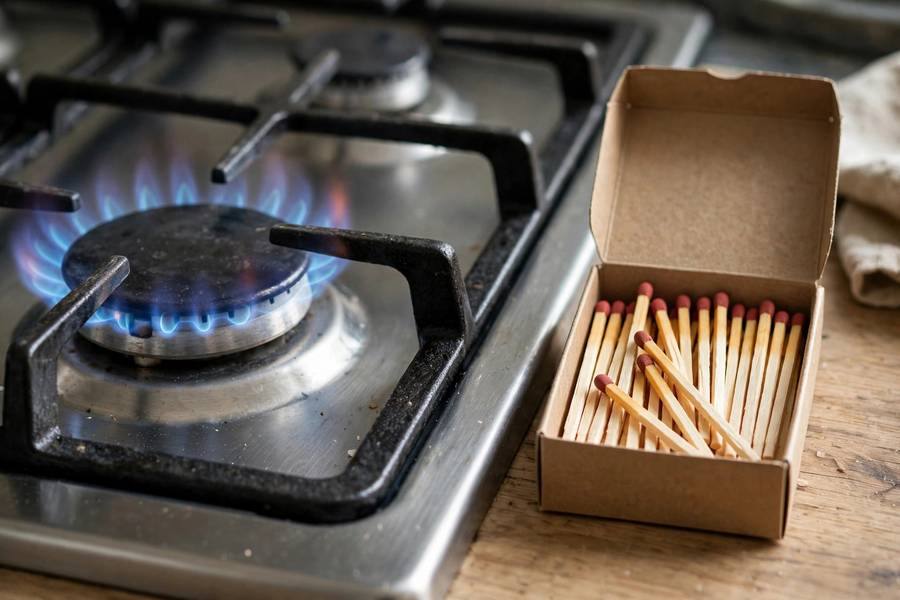 A gas stove burner with a blue flame next to a box of long kitchen matches